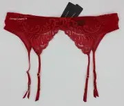 NWT Natori 757023 "Feathers" Embroidered Lace Garter Belt, Red "Cranberry"