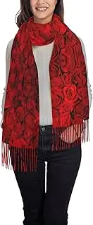 [YANYU] Red Rose1 Print 77.6" X 28.3"Tassel Scarf Women'S Scarf Gift Classic & Fashionable Tassel Scarf, Black