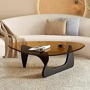 Topjia Triangle Coffee Table Glass Top,Mid-Century Modern Coffee Table for Living Room,Retro Glass Coffee Table Wooden Base,Clear Oval Coffee Tables(32.3 * 22.4 * 16 inch, Brown-Black)