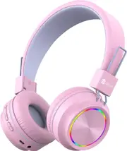 Iclever BTH03 Kids Wireless Headphones, Colorful LED Lights Kids Headphones with MIC, 25H Playtime, Stereo Sound, Bluetooth 5.0, Foldable, Childrens Headphones on Ear for Study Tablet Airplane, Pink