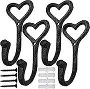 ZEYU Heavy Duty Coat Hooks, 4pcs Cast Iron Love Heart Shape Wall Hooks for Hanging Coats, Black No Rust Hooks for Scarf, Bag, Towel, Key, Cap, Cup, Hat
