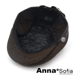 【AnnaSofia】鴨舌帽小偷帽狩獵帽報童帽-皮革拼葉脈紋護耳 現貨(深咖系)