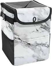 Car Trash Can with Lid and Storage Pockets Leak-Proof Organizer,Waterproof Garbage Can,Classic White Marbling