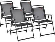 Costway Outdoor Folding Chairs Set of 2/4, Lawn Chairs w/Breathable Seat & Cozy Armrests, Heavy-Duty Metal Frame, Portable Lawn Chairs for Backyard, Porch, Camping (4 Pcs, Black)