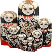 Nesting Dolls Stacking Dolls Russian Dolls Set of 15 Black Flowers Wooden Russian Nesting Dolls Matryoshka Russian Doll Handmade Gift Matryoshka Dolls Russian Nesting Dolls