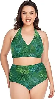 [Caihoyu] Plus Size Bikini for Ladies Tummy Control Bathing Suits High Waisted Bikini Swimwear Tropical Plant Leaves Green L