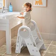 SKYROKU 2-in-1 Toddler 3 Step Stool with Safety Handrails, Durable Convertible Step Stool for Kids, Supports Up to 200 lbs, Stable Triangular Structure, Ideal for Kitchen & Bathroom Use(Grey)