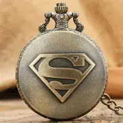 Vintage Super Man Boy Kids Quartz Pocket Watch Necklace Chain Round Case Gift