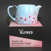New ALFRED Ceramic TEAPOT & Stainless Steel Tea Strainer ~ 20oz CHERRY BLOSSOMS