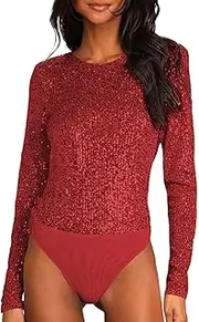 [Generic] Womens Body Suits Shinny Long Sleeve Bodysuits Crew Neck Sexy Thong Bodysuits Casual Stretchy Slimming Tops Partywear