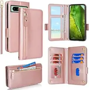 SunYoo for Google Pixel 8A Case Leather Wallet with Card Holders Money Slots Wrist Strap for Women Men RFID Blocking Purse for Pixel8A Zipper Coin Pocket Cover Kickstand Folio Flip Case Pink