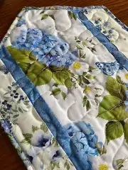 Handcrafted-Quilted Table Runner 2025 NEW - Blue Hydrangeas & White Floral