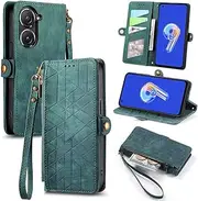 [HMLTD] Luxury Magnetic Buckle Non-Slip Phone Case Compatible with Asus Zenfone 9 Zenfone9 AI2202 Phone Shell Scratch Proof Multi-Card Slot Phone Cover (Green,Zenfone 9)