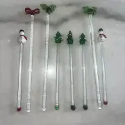 Vintage Christmas Glass Swizzle Sticks Stirrers Snowmen Trees