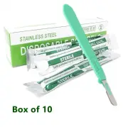 10 DISPOSABLE STERILE SURGICAL SCALPELS #10 STAINLESS STEEL BLADE PLASTIC HANDLE
