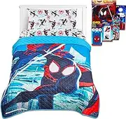 Miles Morales Bedding Set - Spiderman Bedroom Decor Bundle of Spiderverse Bedspread, Flat & Fitted Sheet, Pillowcase for Twin Bed, Posters, More
