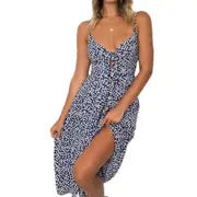 Nevenka Women Tie Front Summer Beach Dresses Spaghetti Strap Floral Sundress-Dark Blue