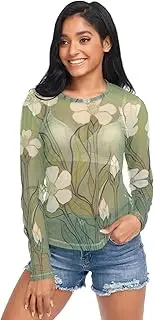 [RPLIFE] White Flowers Green Womens Mesh Tops, Printed Mesh Top S-XXL