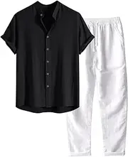 [Generic] Mens Cotton Linen Two Piece Summer Outfit Short Sleeve Shirts Tops And Trousers Sets Solid Color Casual Beach Clothing, Black, Small, Black, Small