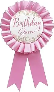 [WOWOPA] Birthday Queen Tinplate Badge Pin, Happy Birthday Pink Leaves Pattern Pink Corsage Button for Women Girl Birthday Award Ribbon Party Decorations, Plastic, no gemstone
