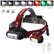 USB Rechargeable 360° Red+Green+White LED COB Headlamp Head Torch Headllight US
