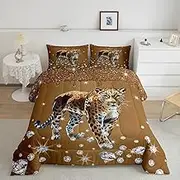 Castle Fairy Leopard Print Kids Comforter Set,Cheetah Wildlife Animal Duvet Set for Room Decor,Sequin Fluid Art Brushed Microfiber Soft Quilt Cover,Full Size 3 PCS