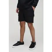 Mens Black Elasticated Waist Slim Technical Stretch Pintuck Cargo Shorts