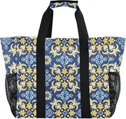 [sanluoli] Bags And Totes Foldable Beach Tote Bag Sandproof Canvas Laundry Totes, Charming Yellow Blue Bohemian, 1 size
