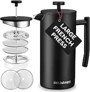 Large French Press Coffee Maker with Extra Filters for a Richer and Fuller Coffee Flavor, Designed with Double Wall Black Stainless Steel to Preserve Hot Coffee Temperature (50oz)