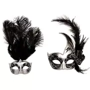 Silver Black Side Feather Glitter & Silver Black Mardi Gras Top Feather Masks