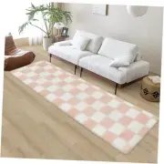 Soft Runner Rug for Bedroom 2x8 Pink and White Checkered Shaggy Rug Indoor