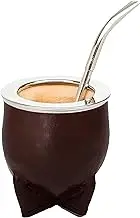 Yerba Mate Premium Pumpkin (Mate Cup) Traveler Mate - Leather Wrapped - with Stainless Steel Details and Yerba Mate Straw (Bombilla) of Nickel-Plated Bronze Bulb (Straw)