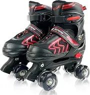 Kids Roller Skates for Boys Girls Child, Adjustable 4 Sizes Roller Skates for Kids and Youth with Light Up Wheels, Quad Black & Red Roller Skates for Sports