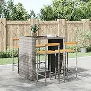 Bar Stools 4 pcs Grey Poly Rattan and Solid Wood Acacia Bar Chair