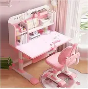 BAISEN Kids Desk and Chair Set, Ergonomic Soft Seats Children Study Table with Foot Pedal and Bookshelf, Pink