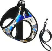 Santorini Greek Island sea View print Dog Harness and Leash Set, Reflective Adjustable Puppy Vest for Small Medium Large Dogs, Cats