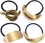 Metal Hair Ties Set | 4 Geometric Elastic Hair Ropes In Chic Gold | Stylish Decorative Ponytail Holders For Women