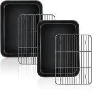 TeamFar Toaster Oven Pan with Rack Set, 9.25 x 7 x 1 Inch Carbon Steel Mini Baking Pan Tray with Rack for Roasting Cooling, Non-Toxic & Heavy Duty, Nonstick & Easy Clean, (2 Pans & 2 Racks)