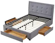 Ellie Queen Bed Frame with Drawers Tufted Upholstered Fabric 3 Storage Drawers Grey