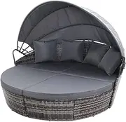 Gardeon Sun Lounge Camping Chair Wicker Folding Day Bed Rattan Lounger, Beach Chairs Sofa Outdoor Furniture Garden Patio Setting Pool Backyard, with Canopy Cushion Pillow Modular Design Grey Set of 3