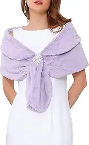 [WOMLAYOUT] Women's Faux Fur Shawl Wrap Cape for Bridal Wedding Party Bridal Shrug with Faux Pearl Rhinestone Brooches Light Purple S