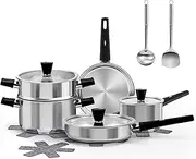 ASKSCICI Stainless Steel Cookware Set, 14-Piece Pots and Pans Set, Kitchen Cookware Set with Stay-Cool Handle, Non-Toxic, Dishwasher Safe & Compatible with All Stovetops (Gas, Electric & Induction)