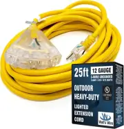 Flexible 12-Gauge Extension Cord, 25 ft with Lighted Ends - 3 Outlets for Safety