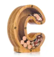 Wood piggy bank adult kids LETTER C Tip coin jar Money box Wooden Montessori toy