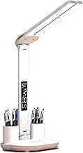 LED Desk Lamp with Dual Heads,USB Charging Touch Control Table Lamps 3 Colors 5 Brightness Eye-Caring Reading Light Bedside Phone Holder 3 in 1 LCD Calendar Temperature Alarm