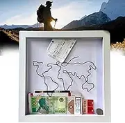 12x12 Inch Adventure Archive Box,Wooden Travel Shadow Box with Slot for Memorie,Personalised Travel Ticket Collection Box,Photo Theatre Movie Concert Ticket Travel Box for Memories(White Map)