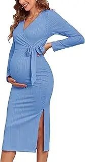 [AISWI] 2024 Fall Rib Knit Maternity Nursing Dress Knot Side Long Sleeve V Neck Bodycon Wrap Pregnancy Split Dresses