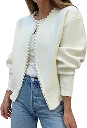 [Kedera] Womens Casual Cardigan Sweater Elegant Long Sleeve Oversized Pullover Knit Sweater with Pearls