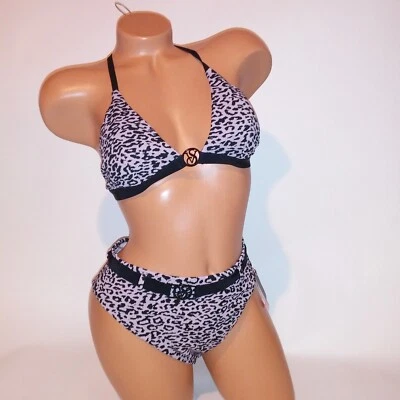 Victoria Secret Swim Bikini Medium Top & Bottom Black Mauve Leopard Ribbed New