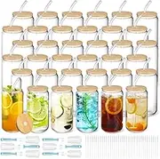 Drinking Glasses Cups with Glass Straw and Bamboo Lids - 16oz Beer Can Shaped, Iced Coffee Tumbler Clear Cup for Cocktail, Whiskey, Cola, Juice, Soda, Tea, Water | Gift Set Family Party Bar ﻿ (36pcs)
